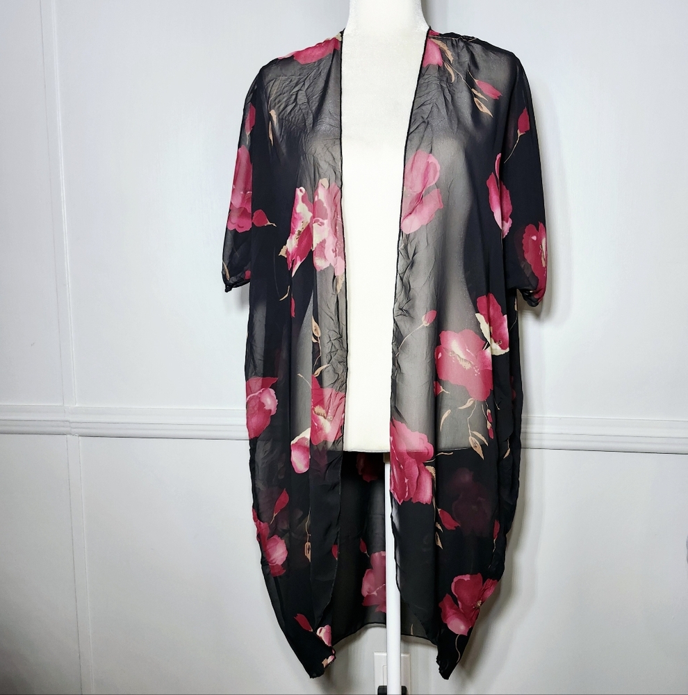Large Floral Print Sheer Chiffon Cover Up Kimono Cardigan Robe
